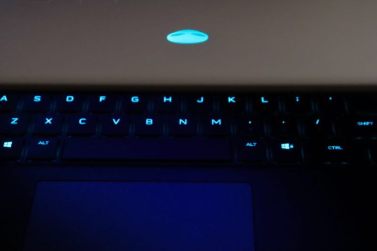 Close up image of Alienware logo and keyboard