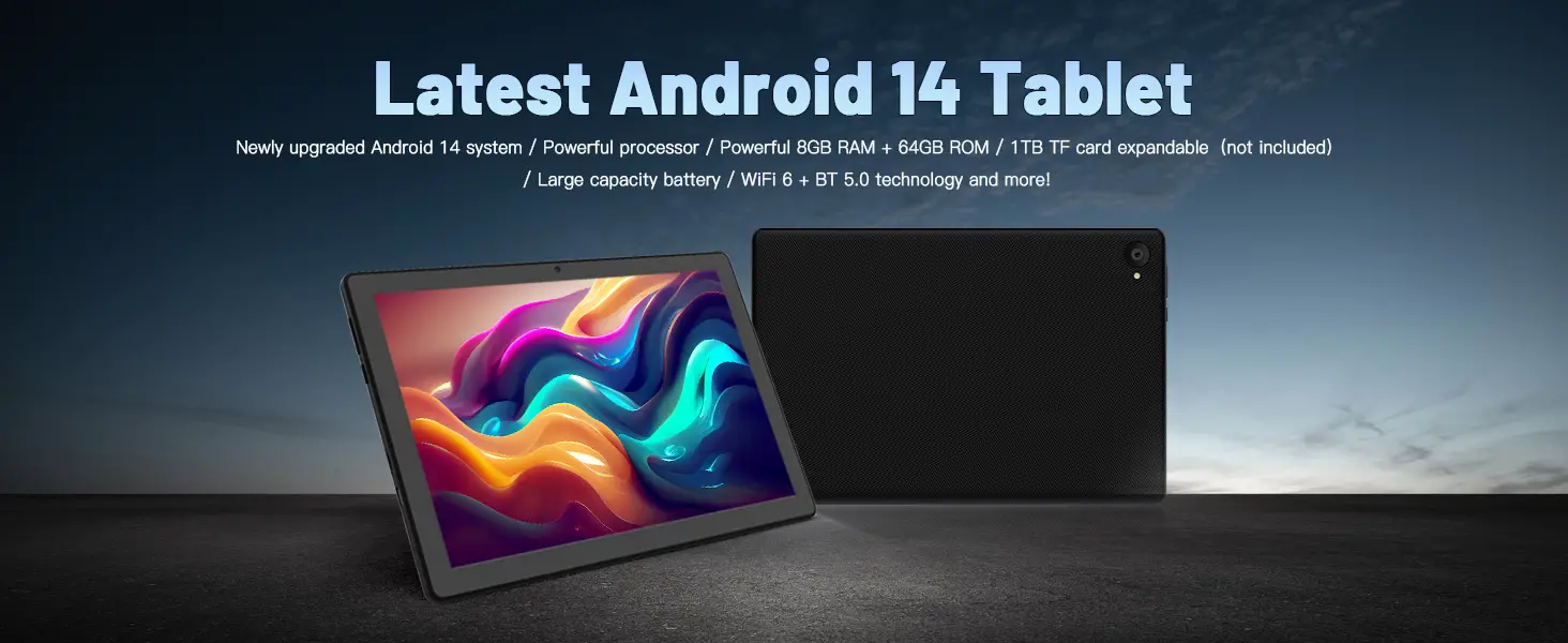 Latest 2024 Android Tablet, 10.1 inch Tablets with 1280 * 800 IPS HD Touchscreen, Octa-Core Processor, 8GB RAM 64GB ROM, 1TB TF Card Expandable, Widevine L1, Face ID, Wi-Fi 6, Fast Charging