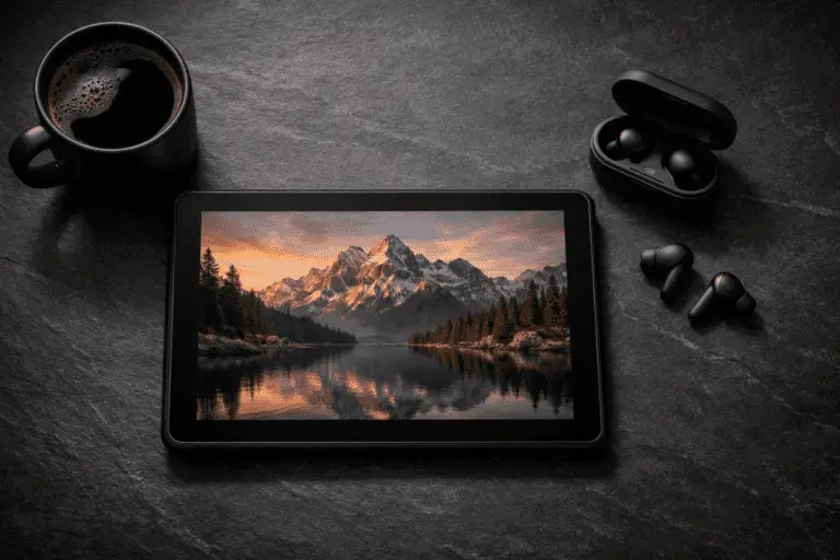 Amazon Fire tablet with clean ad-free lock screen on a minimalist desk setup