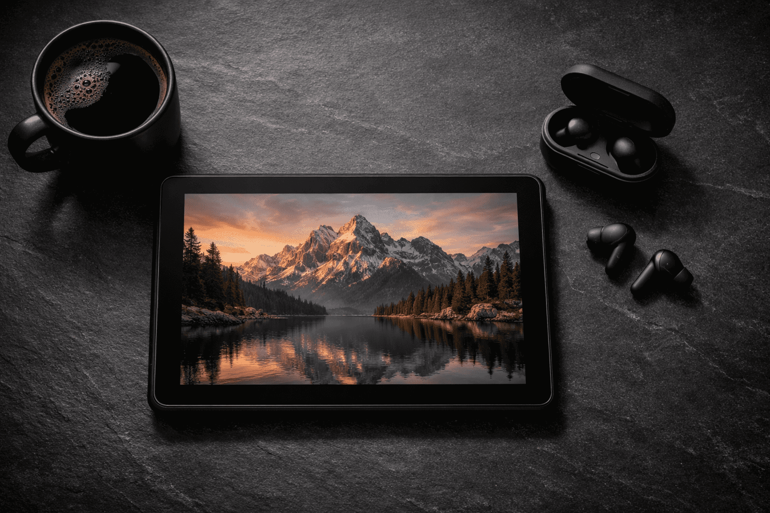Amazon Fire tablet with clean ad-free lock screen on a minimalist desk setup